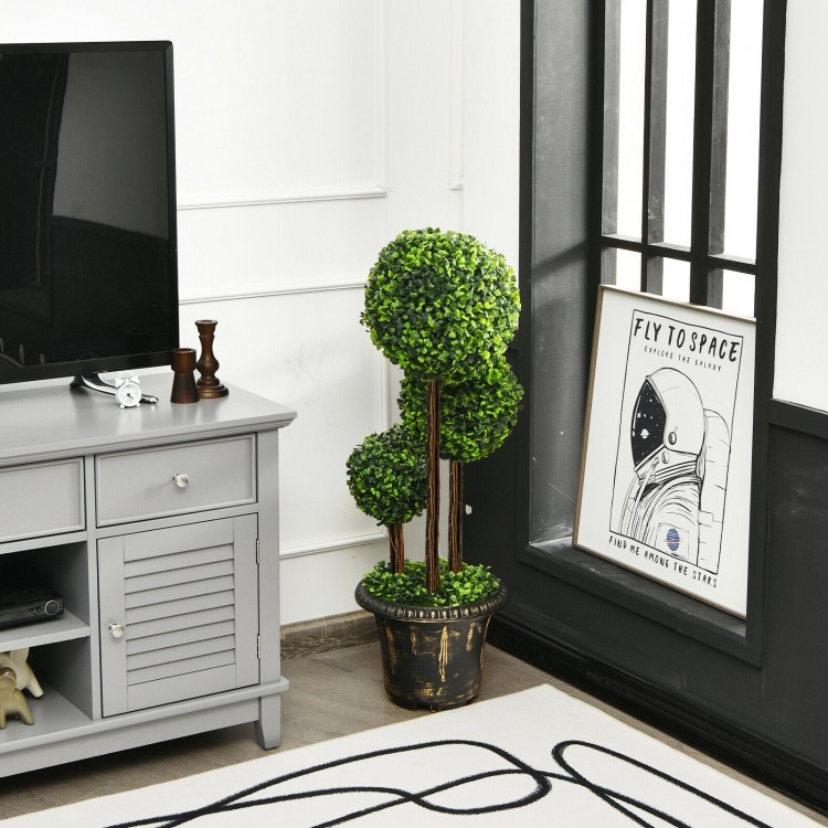 36-inch artificial topiary triple ball tree with vibrant green PE leaves in a decorative pot, ideal for indoor and.