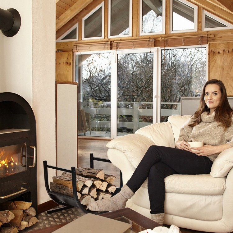 U-shaped 17-inch firewood rack made of heavy-duty metal, perfect for indoor and outdoor wood storage and display.