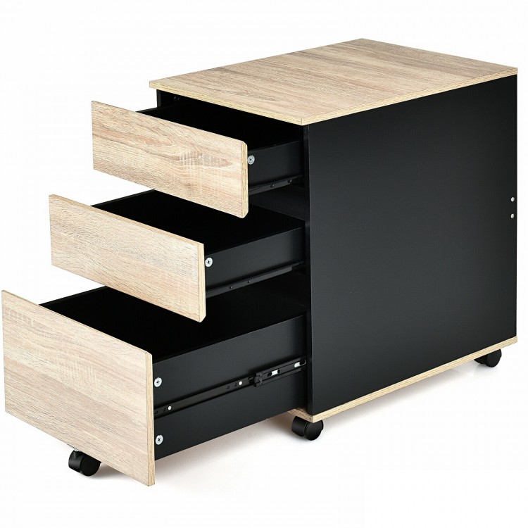 3-drawer mobile file cabinet in black and wood finish, featuring smooth slides and 360° swivel wheels for easy mobility.