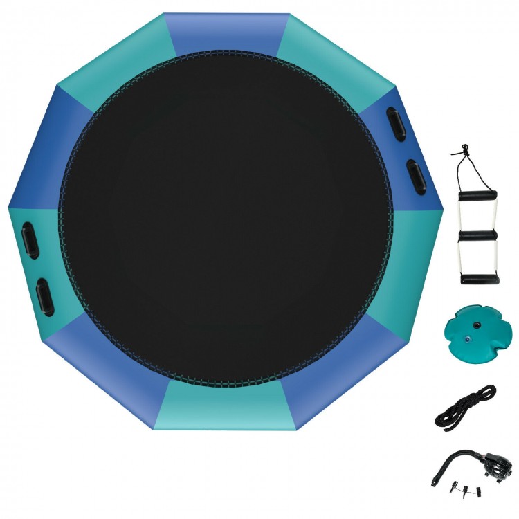 12-foot inflatable water bouncer trampoline in blue, featuring a large jumping area and included electric inflator for.