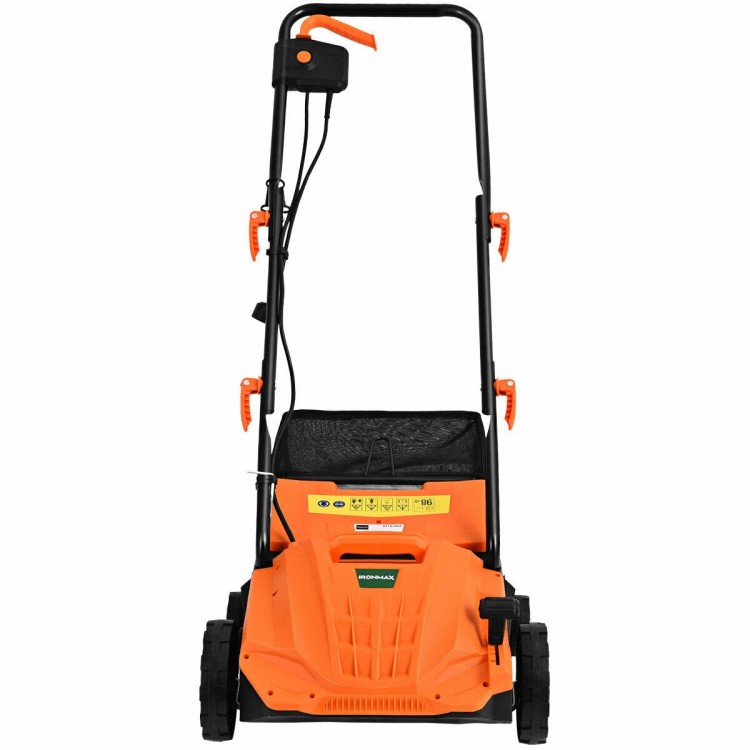 Electric scarifier with collection bag, 12 Amp motor, and adjustable depth for efficient lawn care in orange.