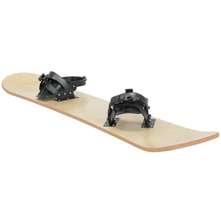 Snowboarding sled with adjustable foot straps, made of sturdy wood, ideal for kids learning to ski outdoors.