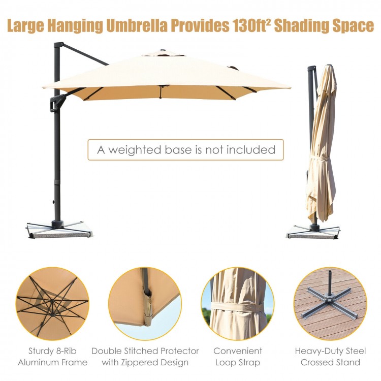 Rectangular 10 x 13 feet cantilever umbrella in beige with 360° rotation, ideal for gardens and backyards.