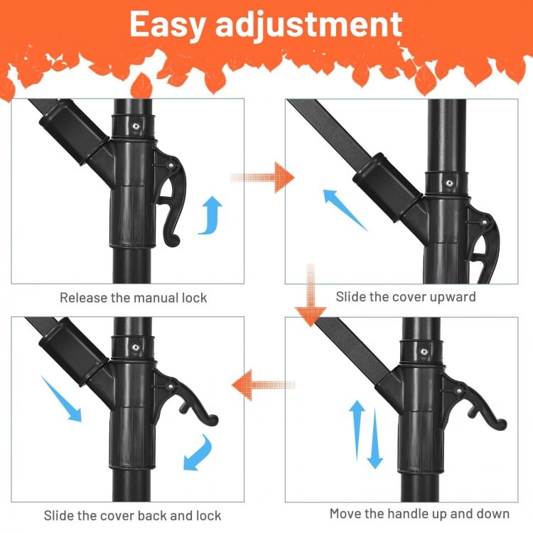 Close-up of the 10FT offset umbrella's tilt adjustment mechanism, featuring a manual lock and smooth surface for easy.