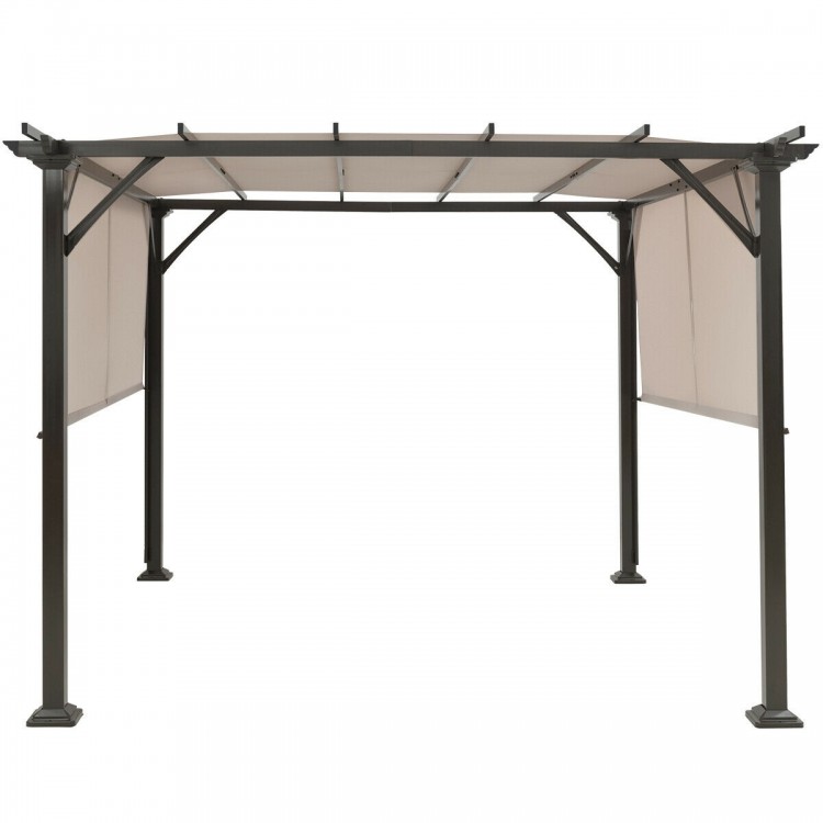 Metal frame patio shelter with beige polyester canopy, adjustable sides, ideal for outdoor gatherings and shading.