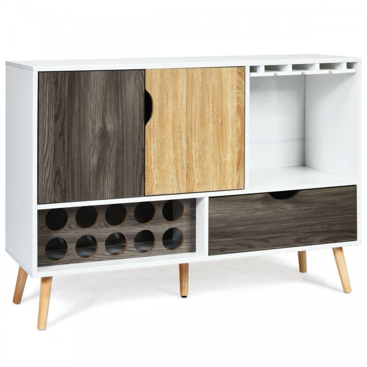 Mid-century buffet sideboard showcasing a large drawer and wine glass holder, ideal for stylish kitchen organization.