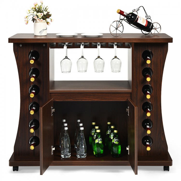 Rolling buffet sideboard in walnut finish with wine rack for 12 bottles, glass holders, and ample storage space.
