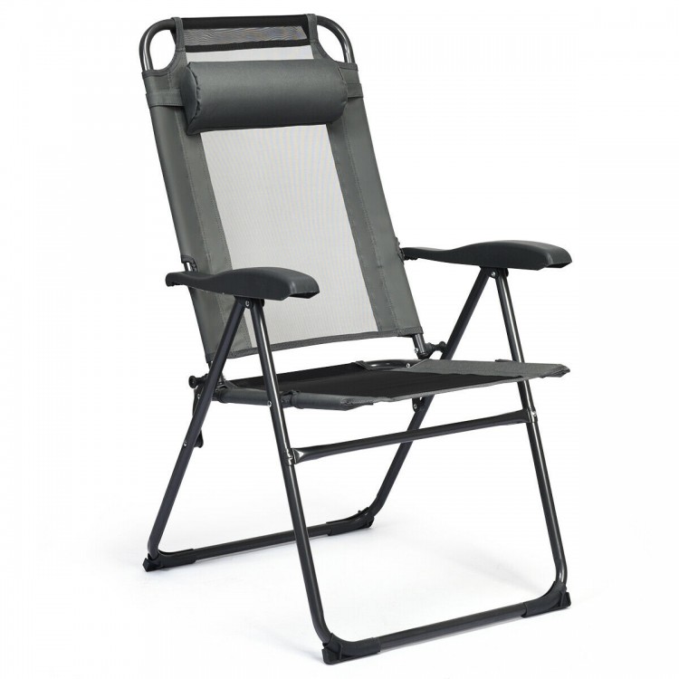 Adjustable gray folding chair with headrest, made of steel and oxford fabric, perfect for patio and outdoor relaxation.