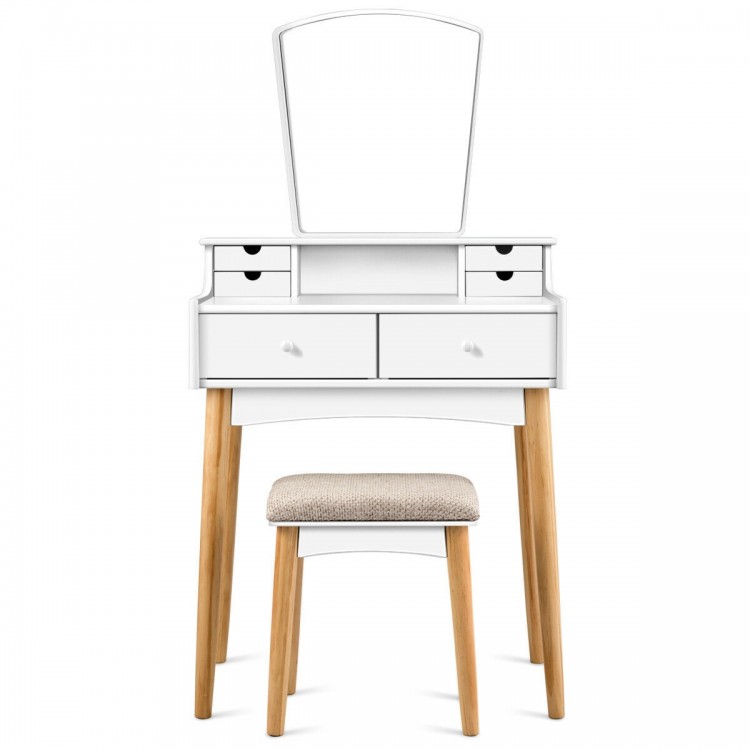 Makeup vanity set with 6 drawers and unique shape mirror, featuring a spacious tabletop and solid cushioned stool.