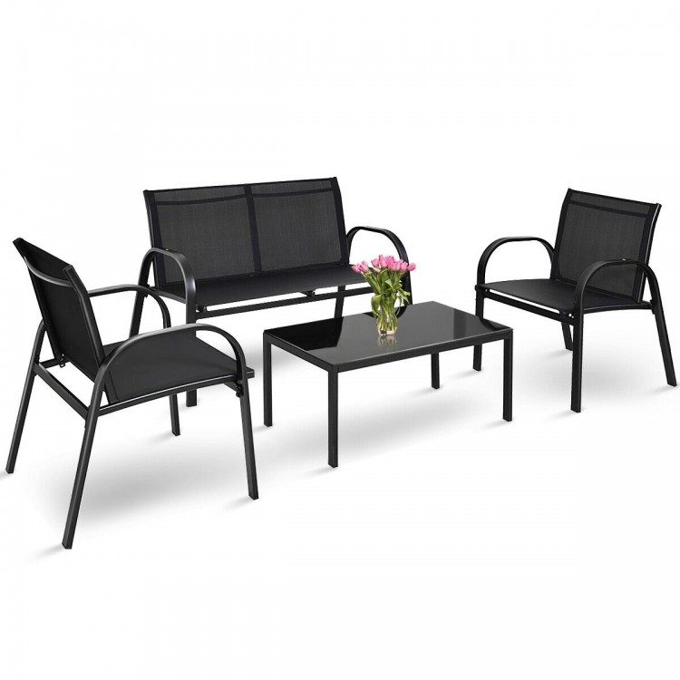 4-piece black patio furniture set featuring a loveseat, 2 single sofas, and a glass top coffee table for outdoor.