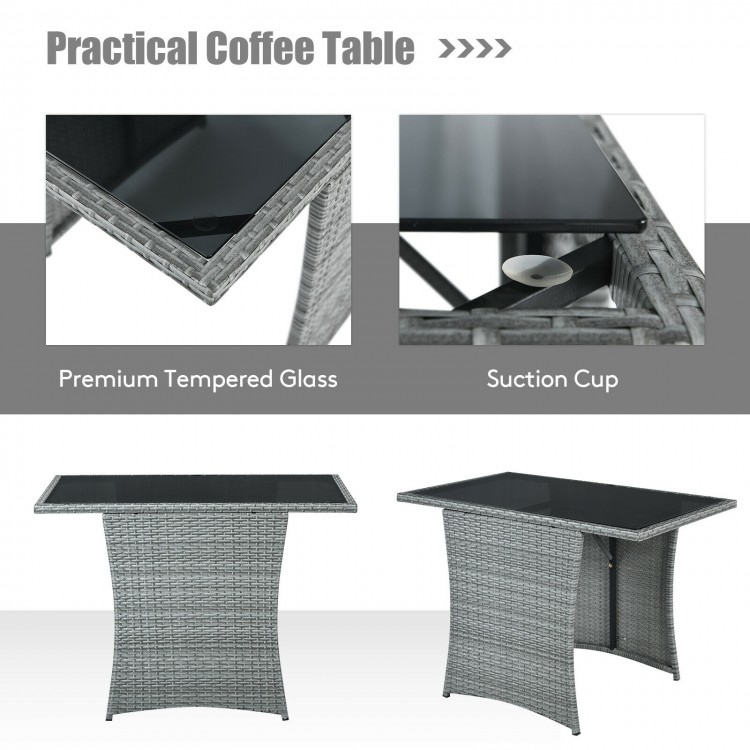 Close-up of the smooth tempered glass tabletop on a patio rattan coffee table, featuring a sturdy anti-rust steel frame.
