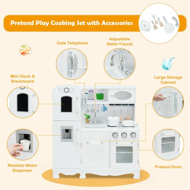 Kitchen pretend play cookware set for kids featuring a water dispenser, mini clock, and adjustable faucet for.