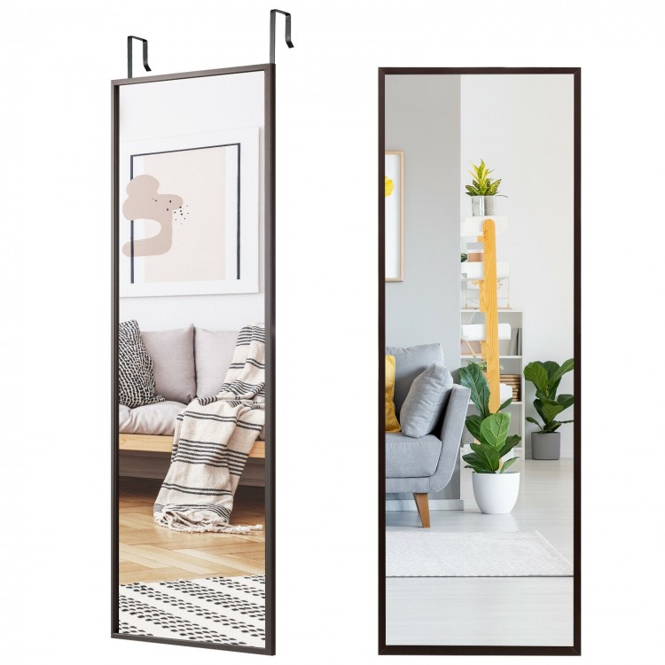 Full length metal door mirror in brown, adjustable hooks for wall or door, perfect for checking outfits and makeup.
