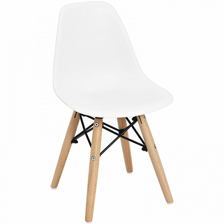 Mini-sized white DSW chair with sturdy beech legs, perfect for kids' playrooms and study areas.