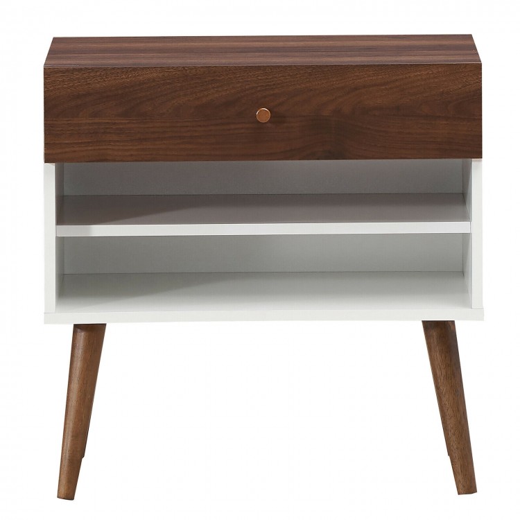 Mid-Century Nightstand with Drawer and Rubber Wood LegsCostway Gallery View 10 of 11