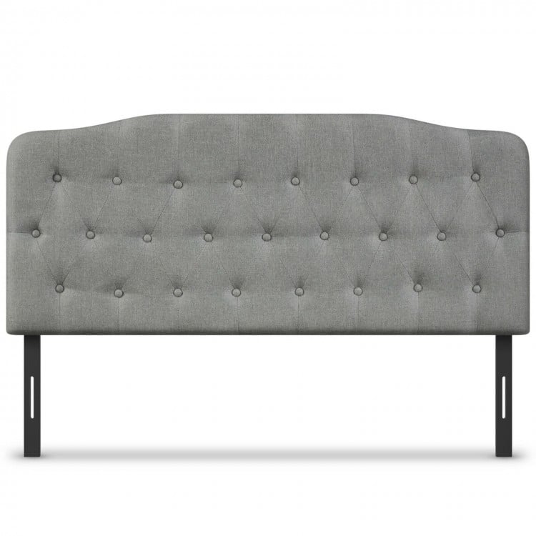 Light gray queen upholstered headboard showcasing a wavy-edge design, adjustable heights, and durable MDF construction.
