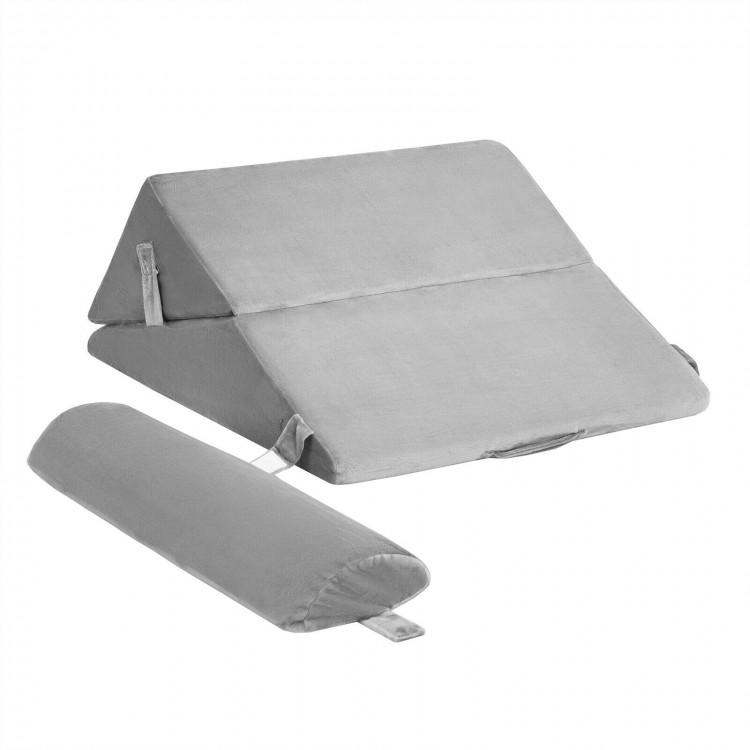 Adjustable gray wedge pillow set with memory foam, perfect for reading and lounging in multiple positions.