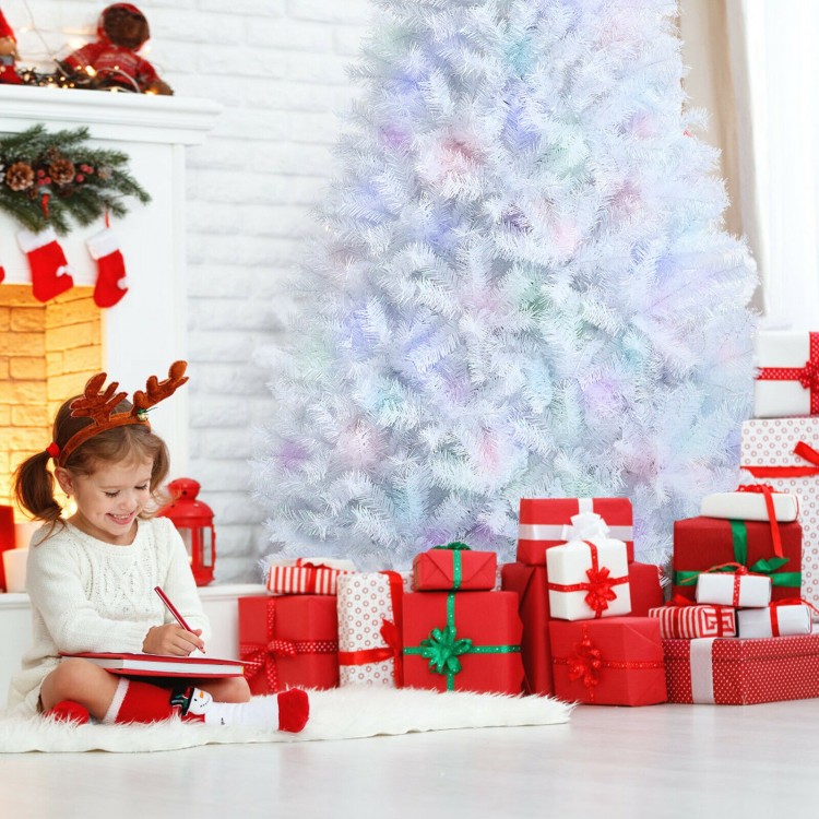 6 feet artificial Christmas tree with iridescent branch tips, surrounded by colorful presents, perfect for holiday.