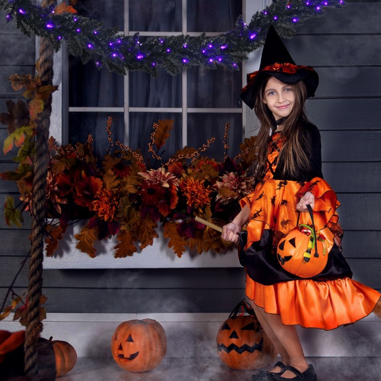 Pre-lit Halloween garland with 50 purple LED lights, featuring a black design for festive decoration and flexible.