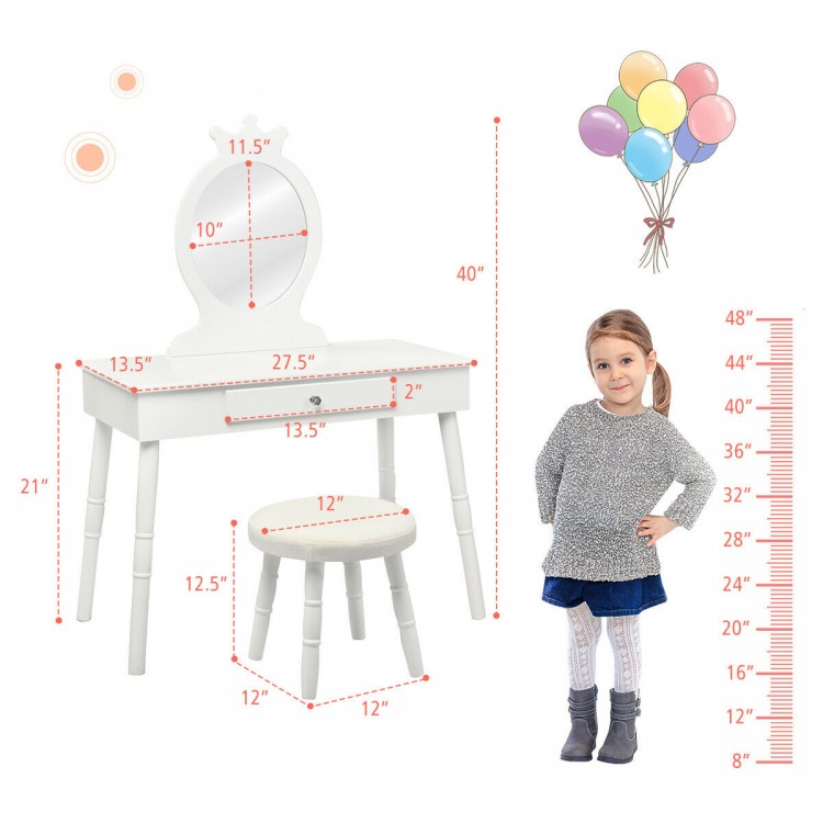 White vanity makeup table and chair set with a mirror, drawer, and cushioned stool, perfect for kids' bedrooms or.