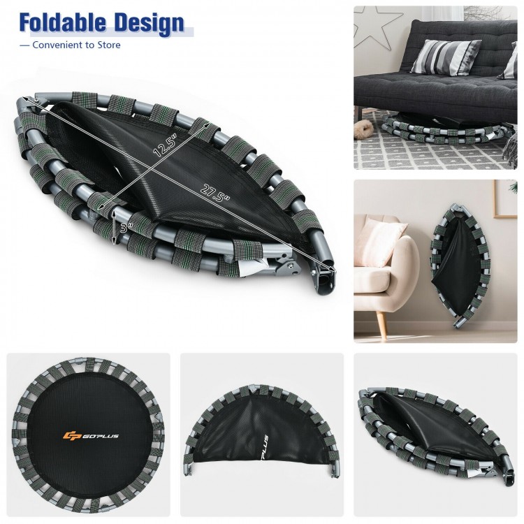 36-inch kids trampoline with foldable design, safety padded cover, and full covered handrail for indoor and outdoor use.