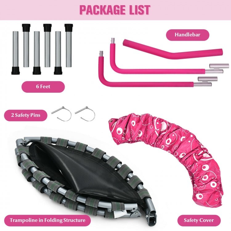 36-inch pink kids trampoline with safety cover, padded handle, and foldable design for easy storage and transport.