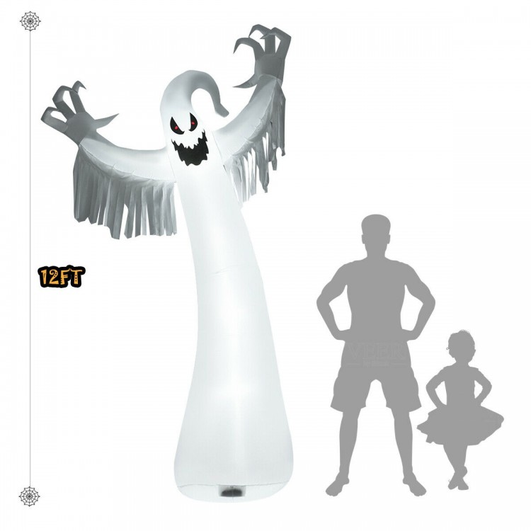 12-foot Halloween inflatable spooky ghost with LED lights, perfect for outdoor decor and nighttime displays.