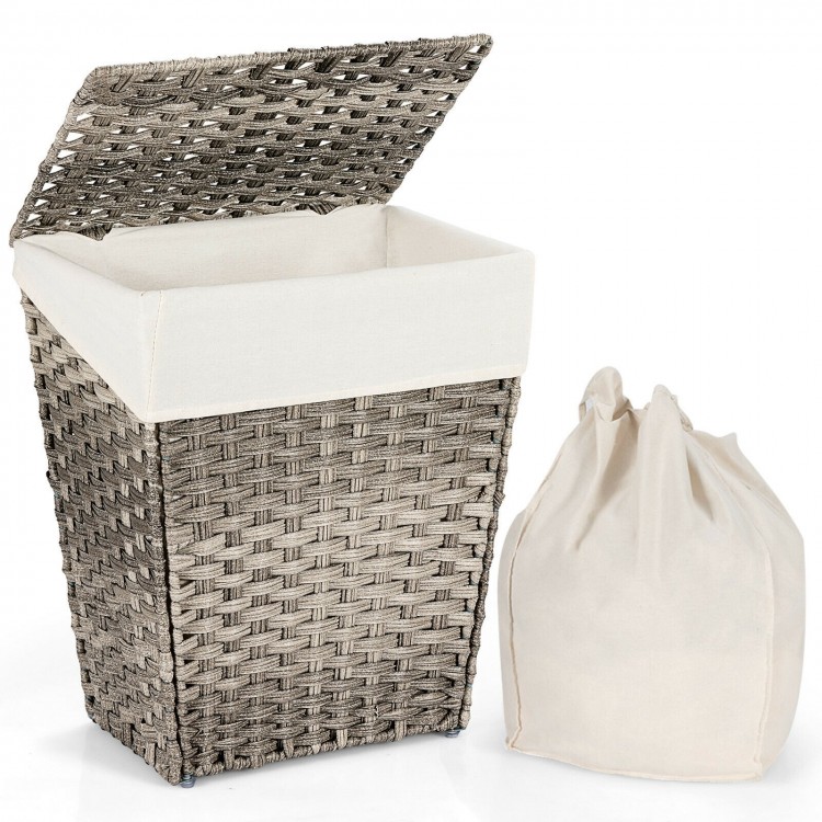 Handwoven gray laundry hamper with removable liner and flip lid, perfect for laundry rooms or bathrooms.