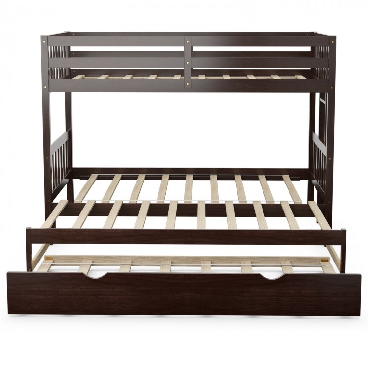 Twin pull-out bunk bed in dark brown with trundle, sturdy wooden construction, ideal for space-saving solutions.
