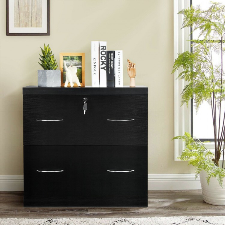 2-drawer black file cabinet with lock, sturdy density board, ideal for home office storage and decorative display.