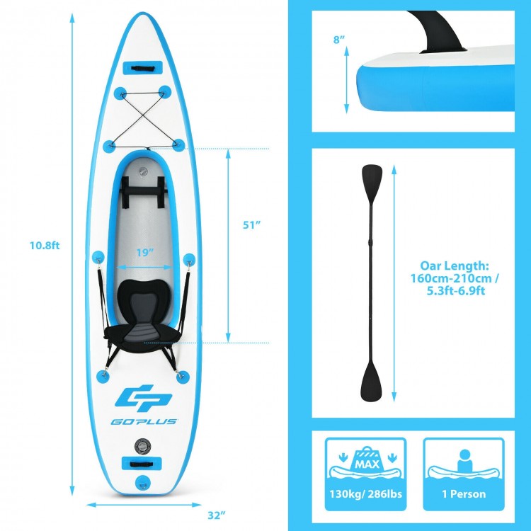 Inflatable 10.8 feet kayak set in blue with adjustable seat and oar, perfect for solo water adventures.