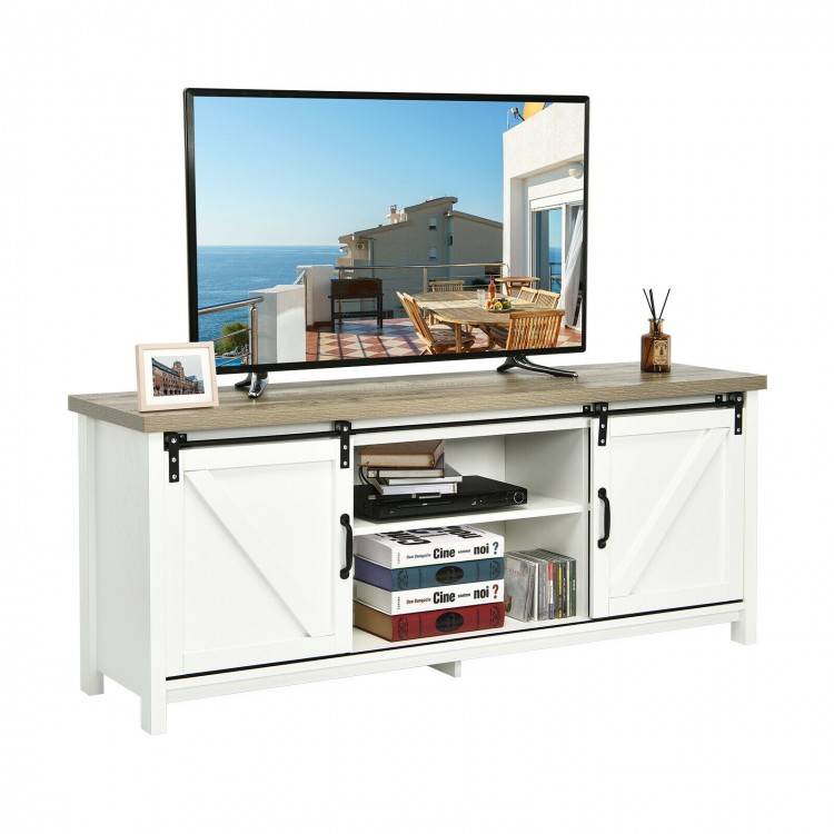 White TV stand media center console cabinet with sliding barn doors, ample storage, and adjustable shelf for 60" TVs.