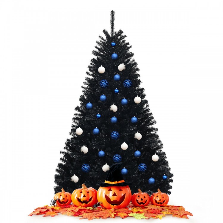 Black 6 feet hinged artificial Halloween Christmas tree with blue and white ornaments, surrounded by pumpkins and.