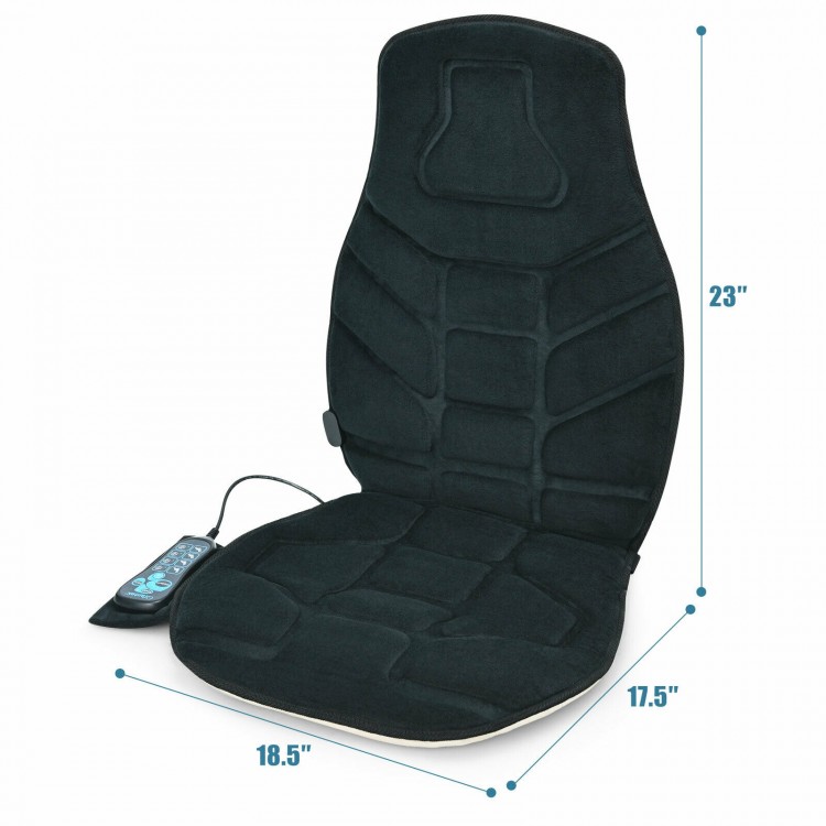 Vibrating seat cushion massager with memory foam, heating function, and dimensions of 23" x 18.5" x 17.5" for home use.