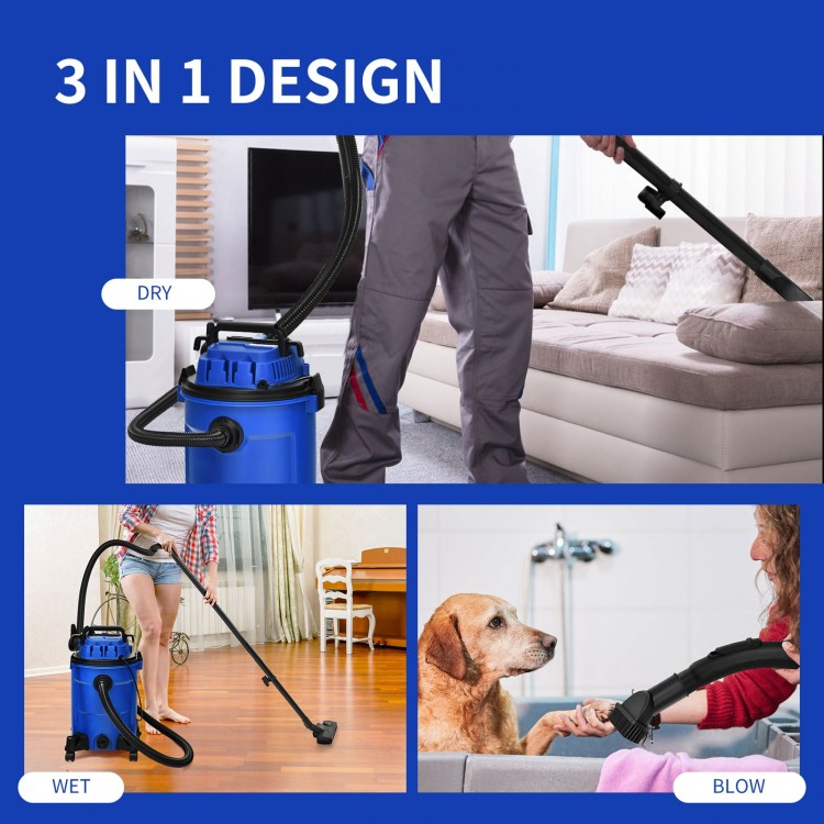 Wet dry vacuum cleaner with 6.6-gallon tank, 4.8 HP motor, and blower function for versatile cleaning tasks.