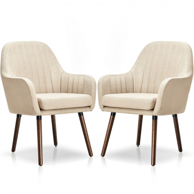 Beige fabric accent chair with a curved backrest and wooden legs, offering stylish comfort for various home settings.