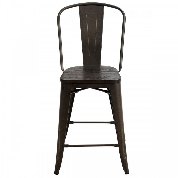 Industrial metal counter stool with removable backrest, solid steel and elmwood seat, ideal for kitchens and pubs.