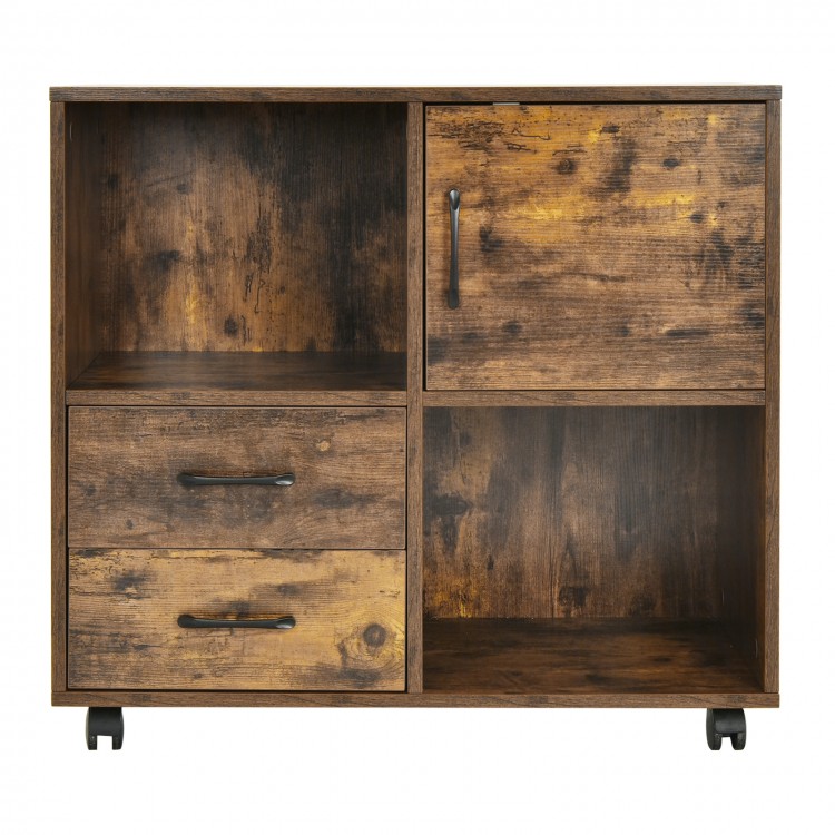 Mobile file cabinet in brown with open compartments, drawers, and wheels for easy movement, perfect for office or home.