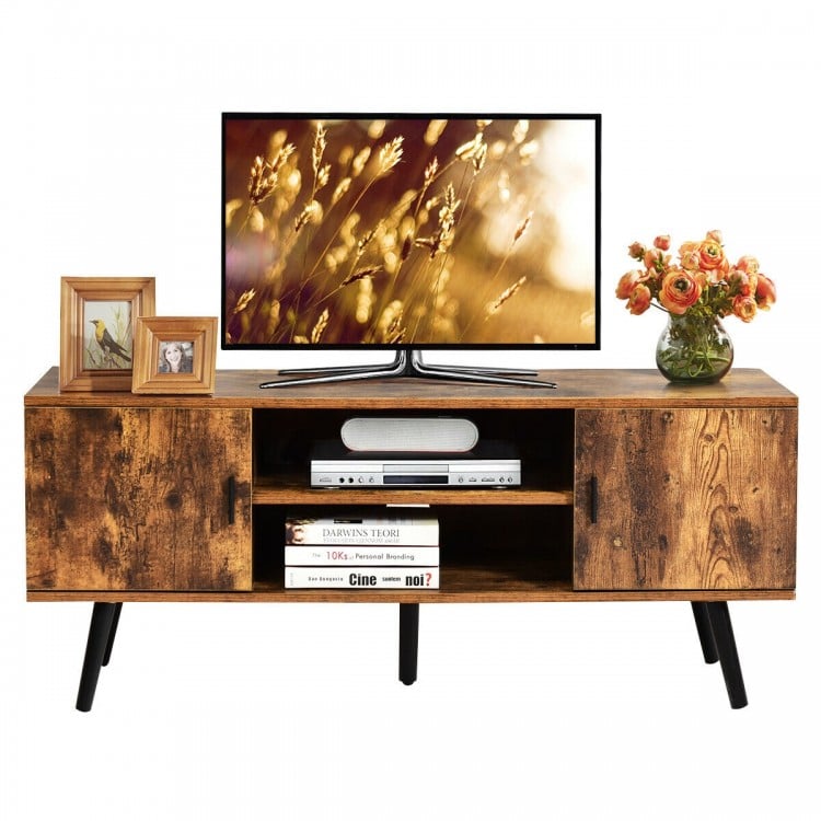 Rustic brown industrial TV stand with storage cabinets, suitable for TVs up to 55", featuring two-tier shelves and.