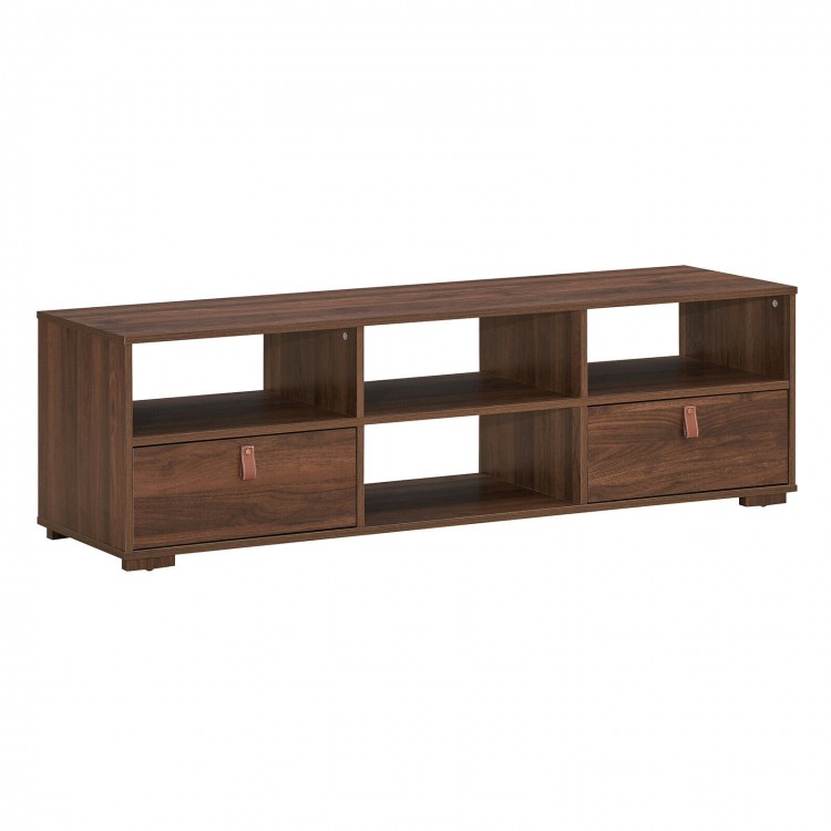 Walnut TV stand with open shelves and two drawers, designed for TVs up to 60 inches, perfect for living room storage.
