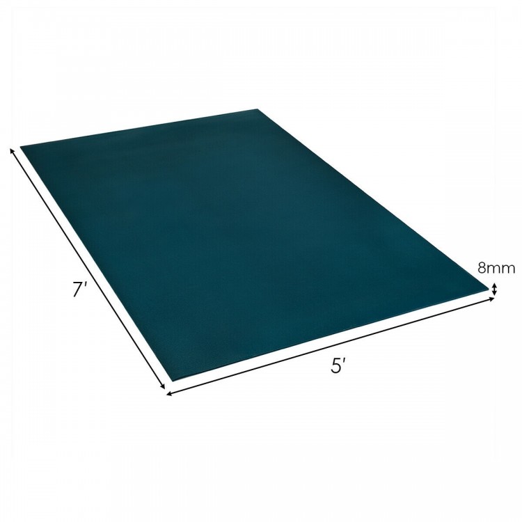 Navy workout yoga mat measuring 7' x 5' with double-sided anti-skid design, ideal for exercise and easy storage.