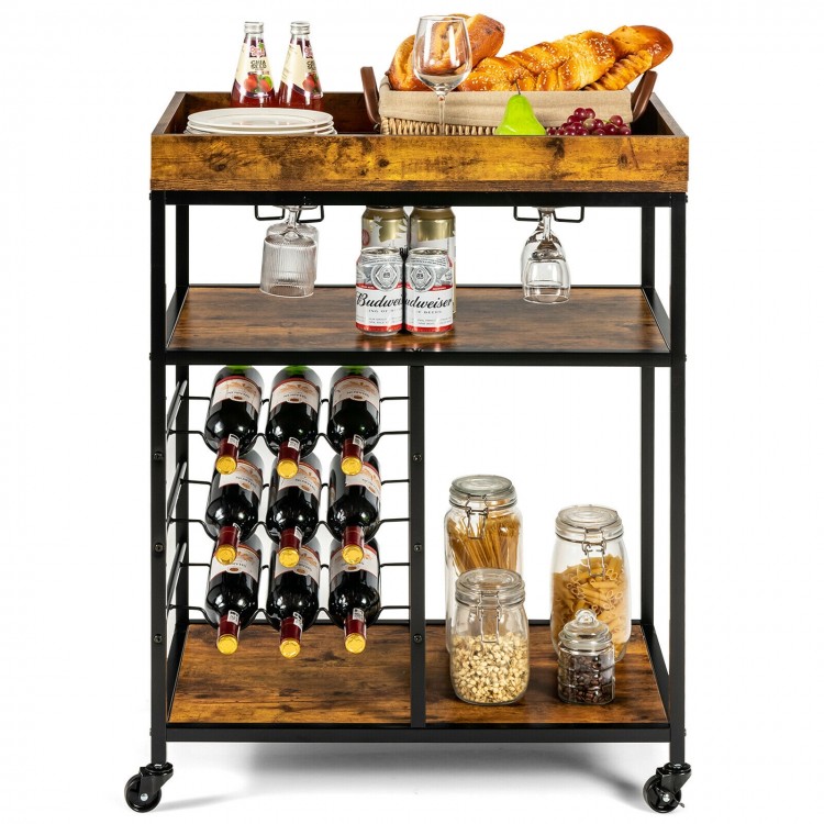 3-tier wood rolling kitchen serving cart in rustic brown with wine rack, glass holders, and ample storage space.