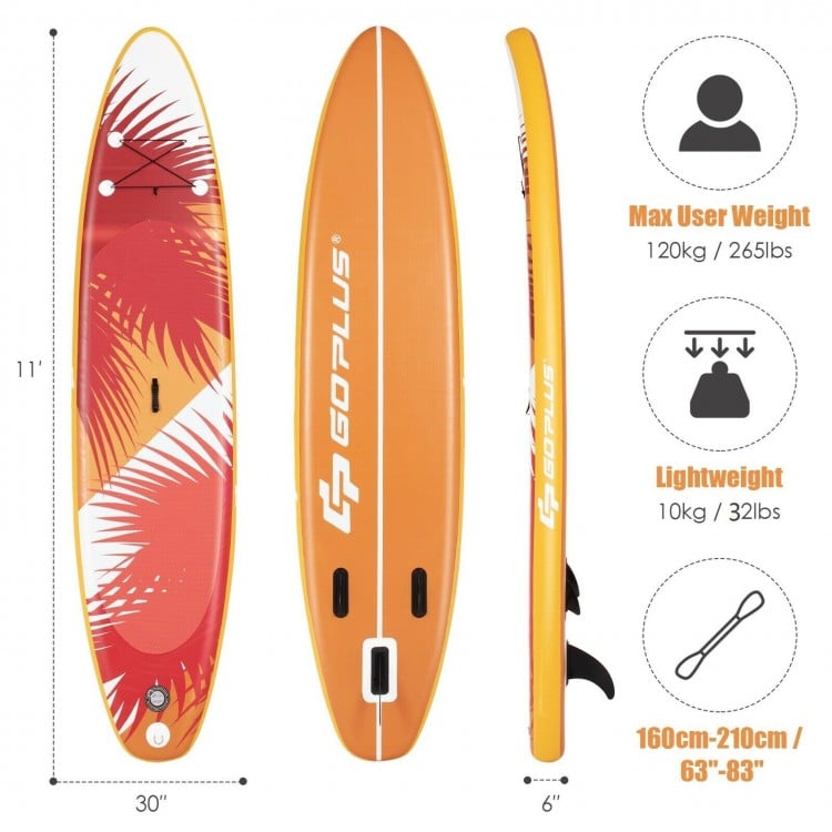 Inflatable stand-up paddle board in orange with non-slip deck, ideal for water activities like yoga and fishing.
