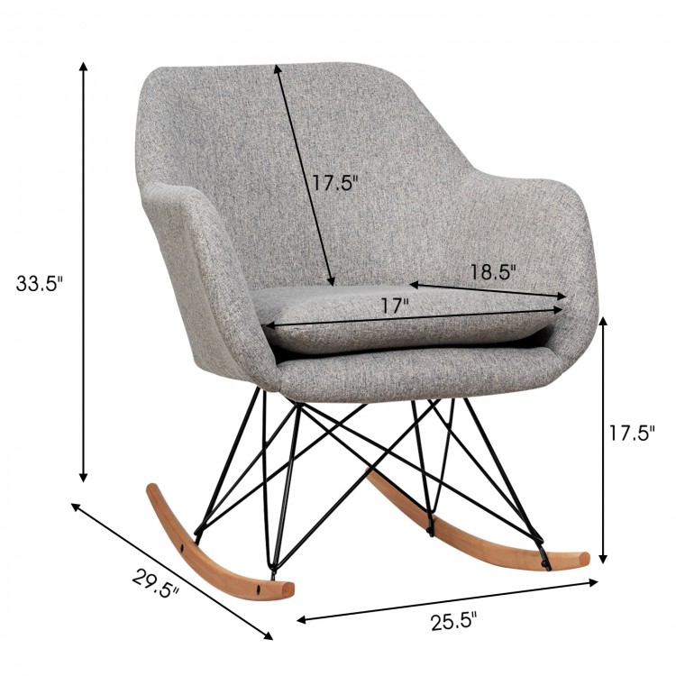 Gray accent upholstered rocking armchair with beech wood legs and steel construction, ideal for living room relaxation.