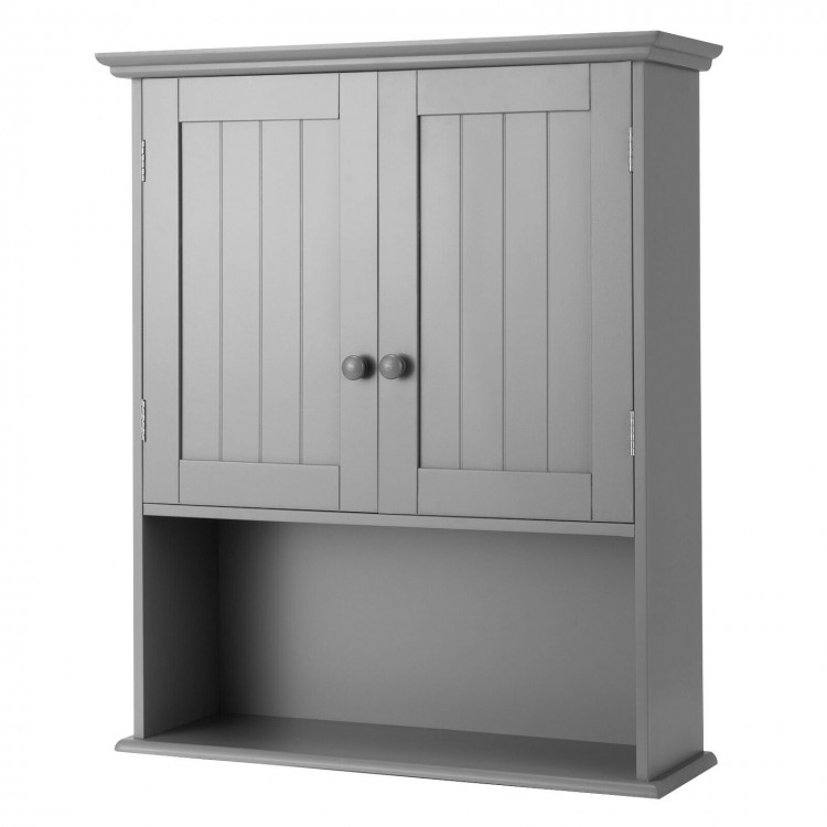 Dark gray wall-mounted bathroom storage cabinet with two doors and an open shelf, perfect for compact spaces.