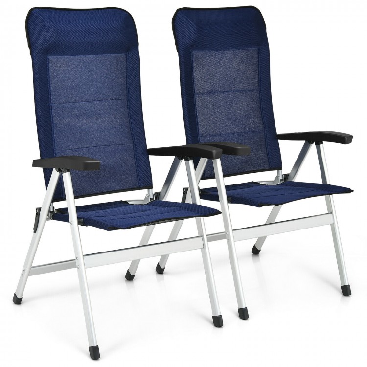 Single blue patio dining chair with a soft sponge-filled pillow and 7-level adjustable backrest for outdoor comfort.