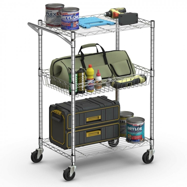 Rolling utility cart with three tiers and a handle bar, perfect for organizing tools or supplies in any workspace.