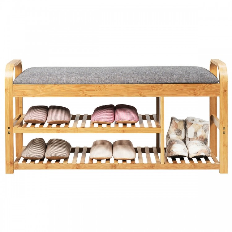 3-tier bamboo shoe rack bench with cushion, ergonomic design, holds up to 330 lbs, ideal for entryway or bedroom.