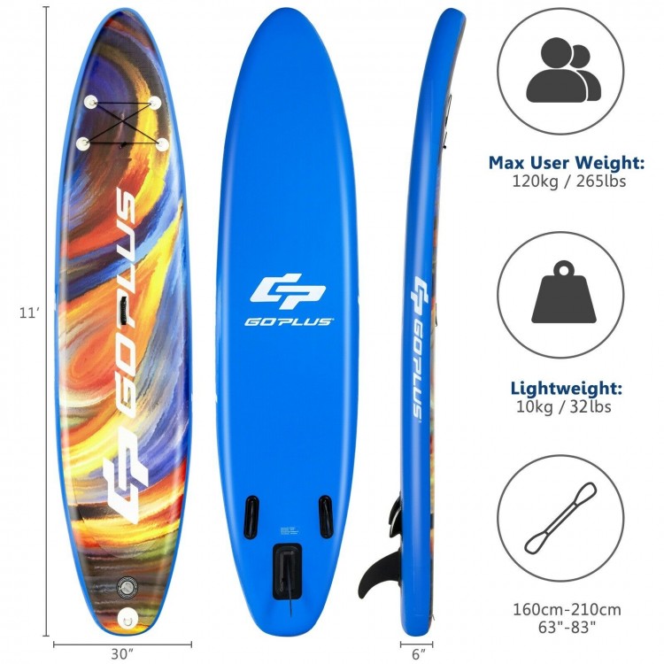 Inflatable stand-up paddle board in blue with non-slip deck, suitable for water activities, includes paddle and.