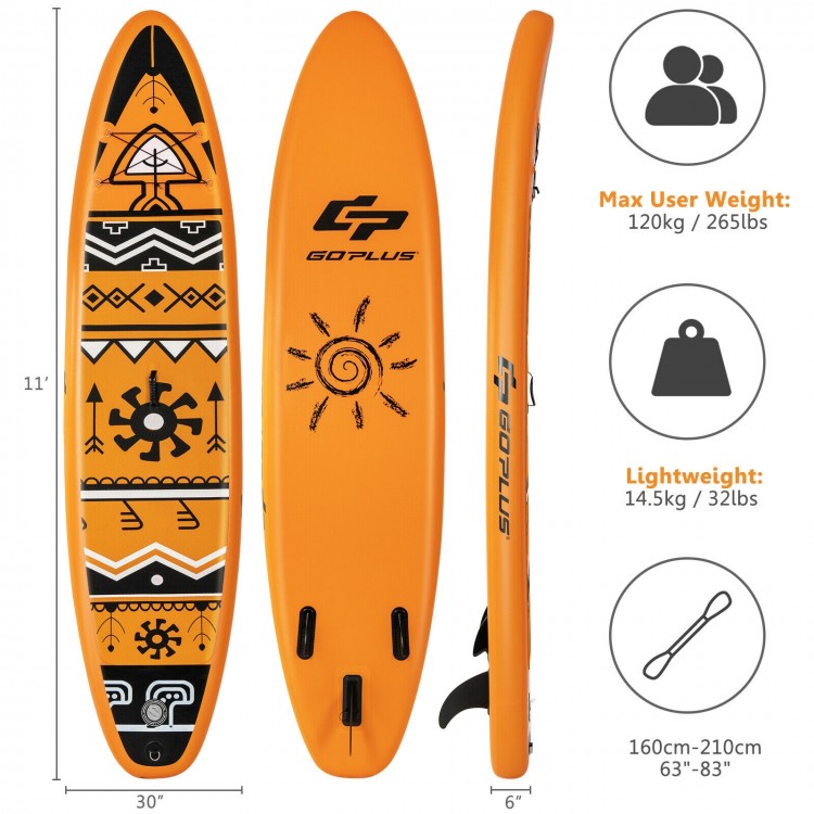 Inflatable stand-up paddle board in orange with non-slip deck, suitable for water activities like yoga and fishing.